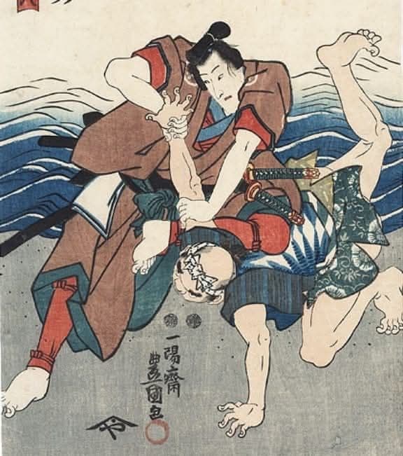 Traditional Japanese woodblock print depicting a grappling technique